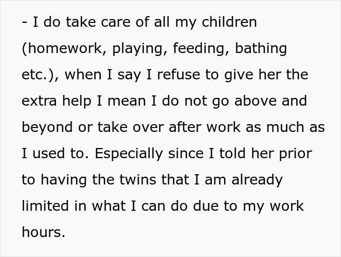 Text image discussing dad's limited help with children and work hours, including twins and vasectomy decision.