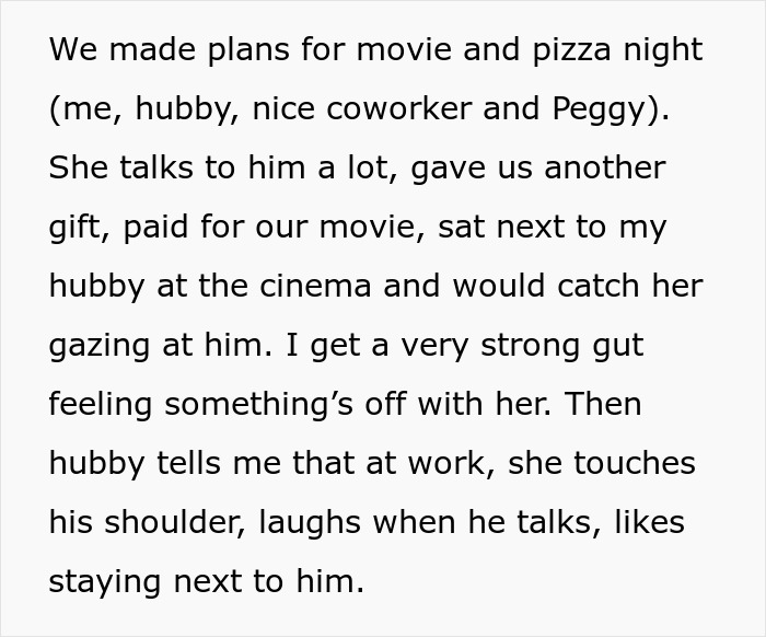 Text about a husband's coworker giving gifts and showing excessive attention, causing his wife to feel uneasy. Text about a husband's coworker giving gifts and showing excessive attention, causing his wife to feel uneasy.