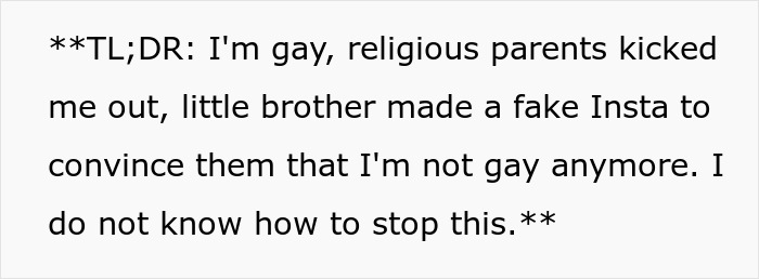 Text snippet about religious parents, fake account, and LGBTQ+ identity challenges.