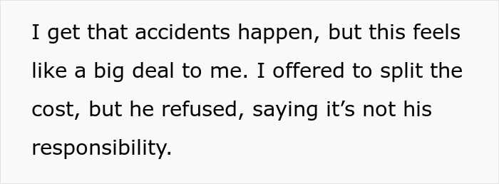 Text discussing a disagreement about paying for a leather bag after an accident.