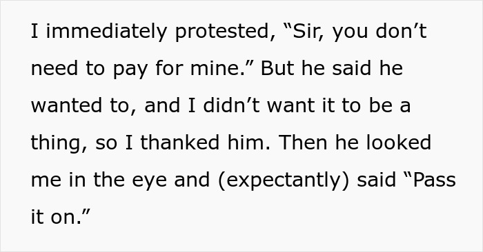 Text from story discussing a customer's reaction to a "pay it forward" situation.