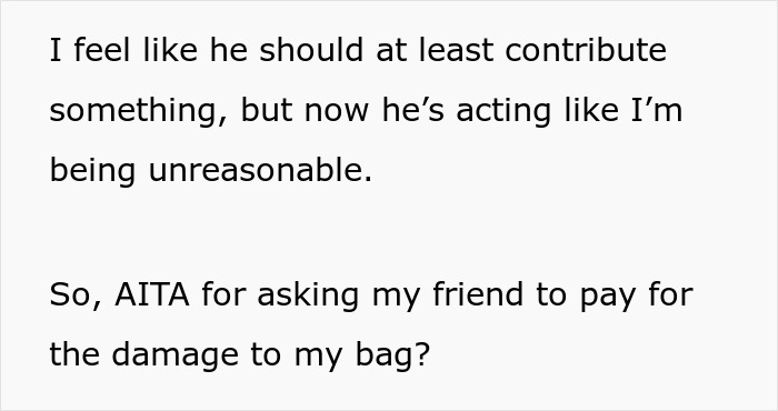 Text discussing a friend being asked to pay for damage to a leather bag.