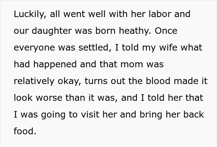 Text recounting successful labor and reassurance, focusing on husband's role after wife's childbirth.