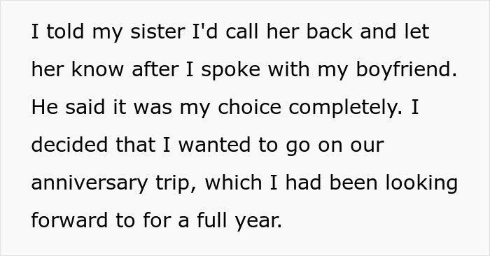 Text explaining decision about going on an anniversary trip despite sister's situation.