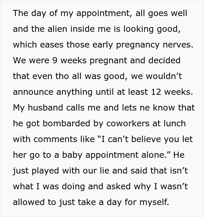 Text excerpt discussing early pregnancy announcement and coworkers' reactions at lunch. Text excerpt discussing early pregnancy announcement and coworkers' reactions at lunch.