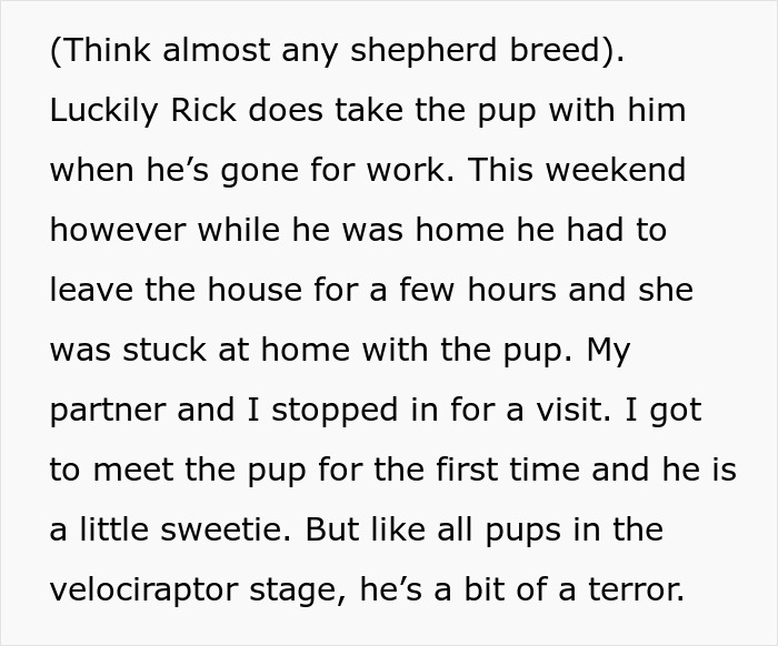 Text from a story about testing fiancée's nurturing skills with a shepherd puppy. Text from a story about testing fiancée's nurturing skills with a shepherd puppy.