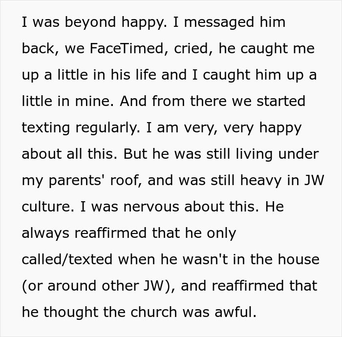 Text message about a brother living under religious parents' roof, discussing secrecy and cultural pressures.