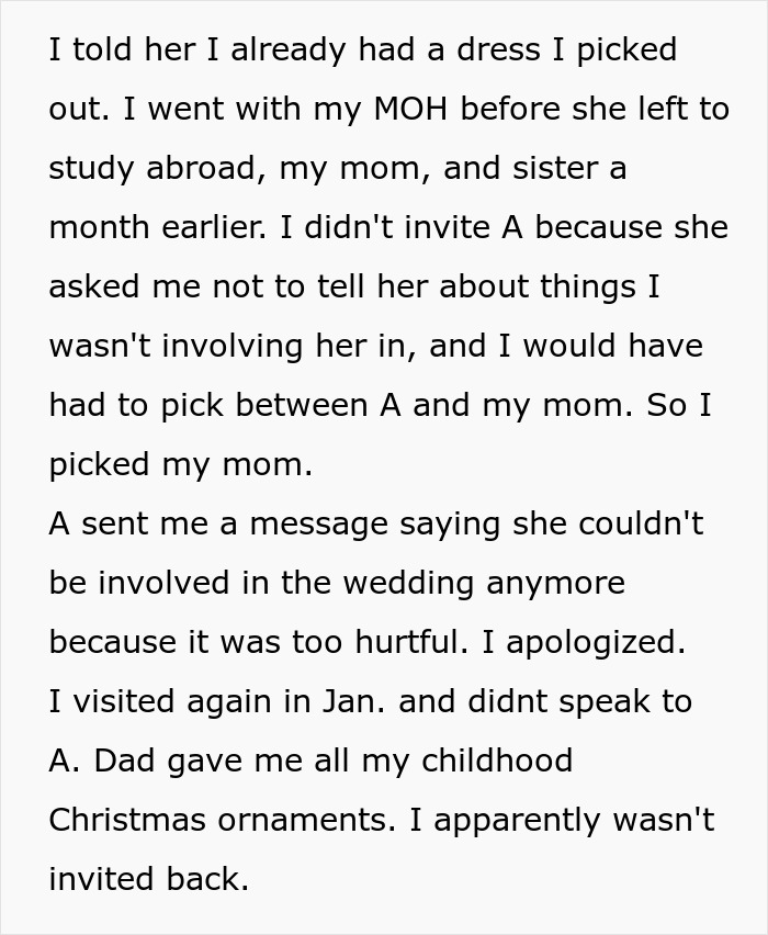 Text focusing on a dad choosing wife over daughter for not taking stepmom dress shopping.