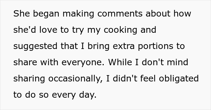 Text detailing a coworker's request for extra food, citing team spirit.