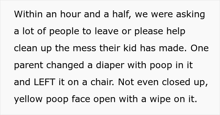 Text describes a chaotic kids' party where parents had to leave or clean up.