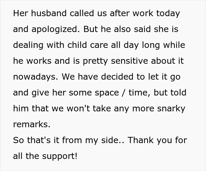 Text discussing a husband's apology for his wife's sensitivity about childcare issues.