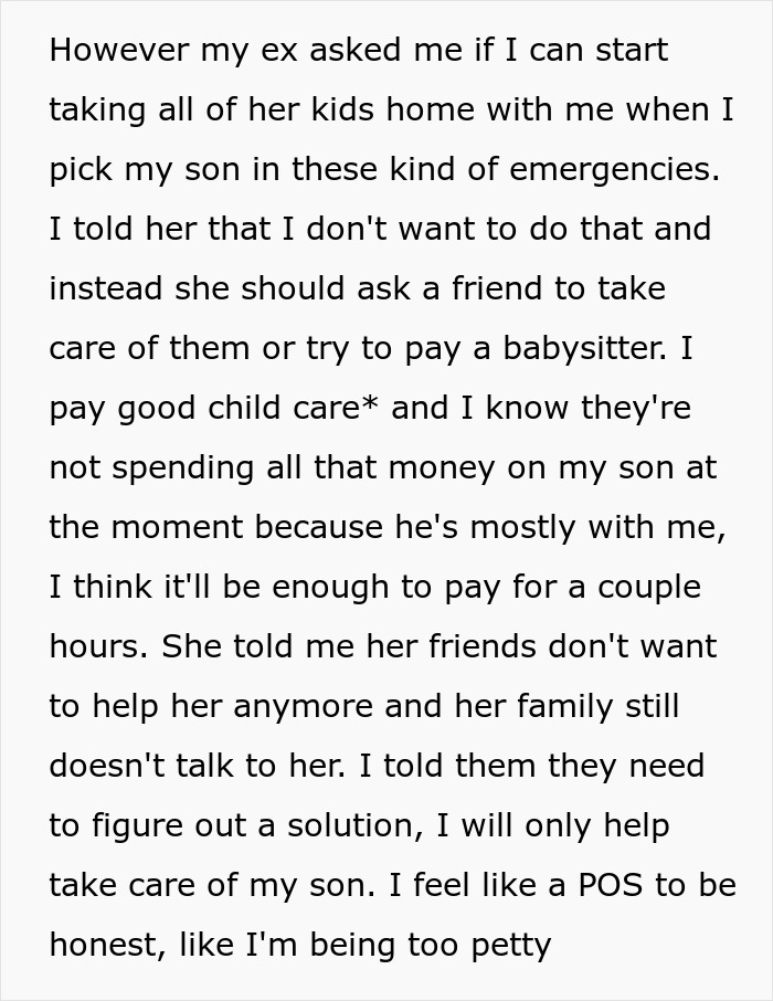 Text of a man explaining why he refuses to babysit his ex's kids during emergencies.