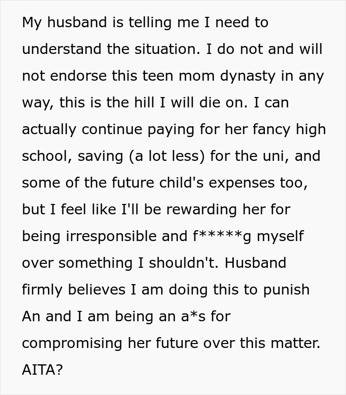 Text discussing a stepmom's perspective on withholding college funds due to a teen mom legacy in her stepdaughter's family.