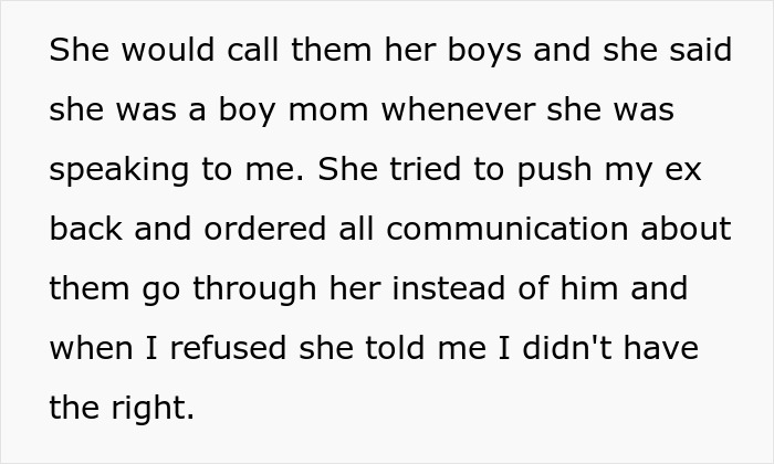 Text discussing a mom's refusal to allow their kids' stepmom to manage all communication. Text discussing a mom's refusal to allow their kids' stepmom to manage all communication.