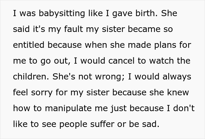 Text discussing teen's experience prioritizing future over babysitting sister's kids, highlighting feelings of guilt and manipulation.