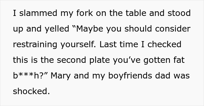 Text snippet showing a heated dinner argument with hurtful remarks made about someone's weight. Text snippet showing a heated dinner argument with hurtful remarks made about someone's weight.