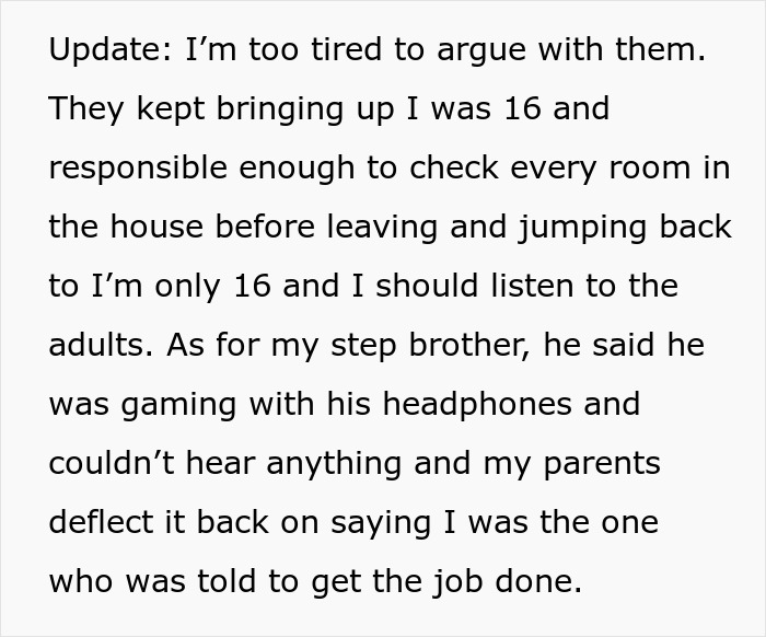 Text from a 16-year-old about not babysitting, mentioning stepbrother and stepdad were at home.