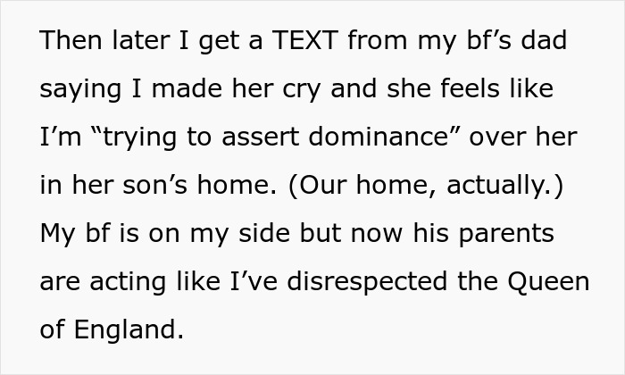 Text message about house rule conflict with boyfriend&rsquo;s mom, feeling disrespected and causing her to cry.