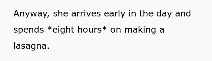 Text about a lady spending eight hours making lasagna. Text about a lady spending eight hours making lasagna.