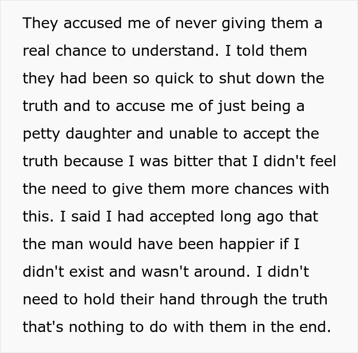 Text about siblings realizing stepsis isn't dad's biological child after his will reveals the truth. Text about siblings realizing stepsis isn't dad's biological child after his will reveals the truth.