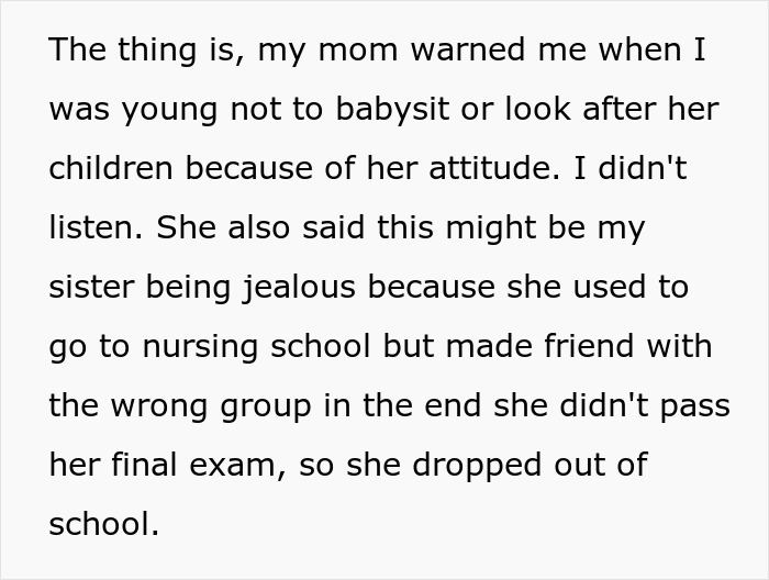 Text discussing a teen prioritizing her future over babysitting her sister's kids, mentioning family advice and jealousy.