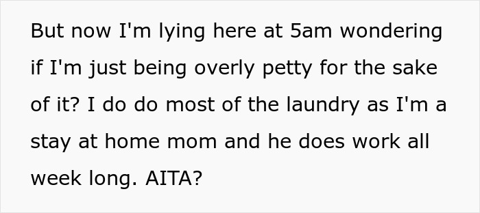 Text discussing stay-at-home mom's thoughts on doing laundry and feeling petty after a comment post-surgery.