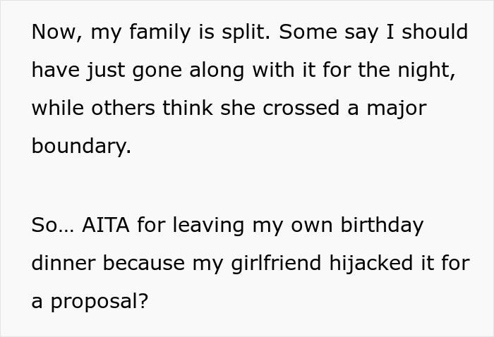 Text discusses the conflict about a girlfriend proposing to herself at her boyfriend's birthday, causing family division.