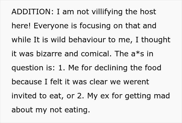 Text excerpt discussing unusual dining situation and reactions: friends eating leftovers.