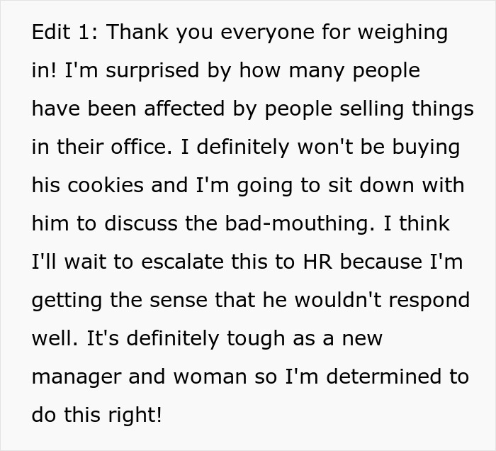 Text about a manager discussing the situation with an employee who tried selling cookies in the office. Text about a manager discussing the situation with an employee who tried selling cookies in the office.