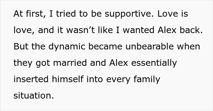 Text about an ex marrying a family member, causing awkward family dynamics.