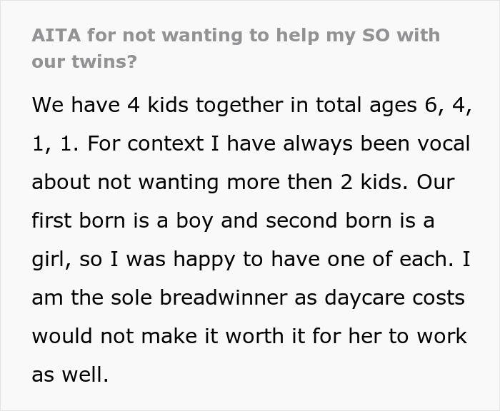 Text discussing a dad's refusal to help with newborn twins after his wife didn't allow a vasectomy.