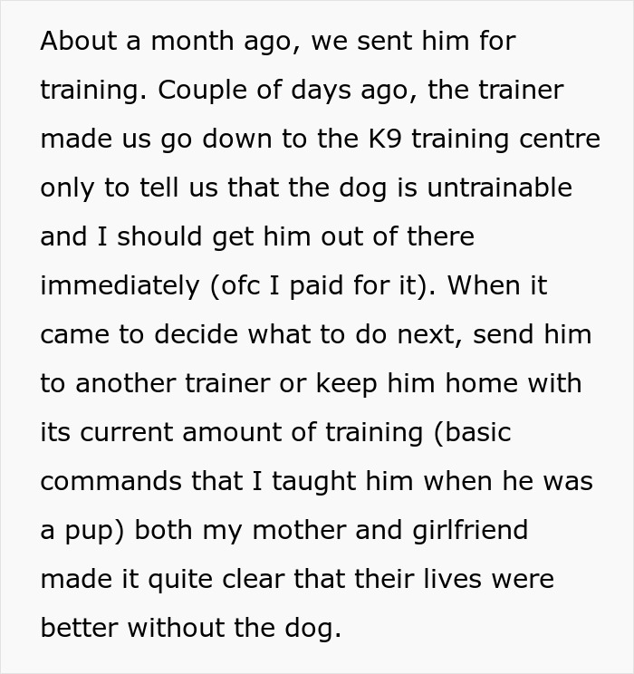 Text discussing an untrainable dog and the owner's dilemma after family wants to give it up.