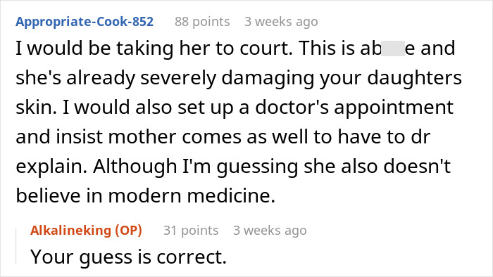 Reddit comment discussing sunscreen beliefs and potential harm, with a reply confirming assumptions about the mother's views.