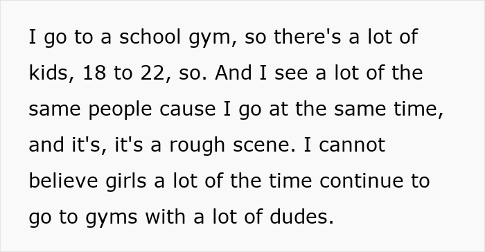 Text discussing gym dynamics with young adults and mention of women at the gym. Text discussing gym dynamics with young adults and mention of women at the gym.