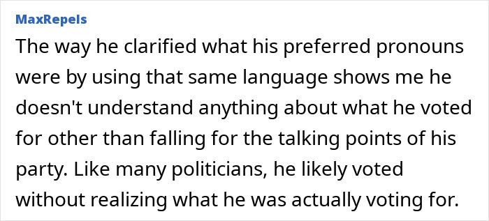 Text comment discussing politics and pronoun use, highlighting misunderstanding of voting intentions. Text comment discussing politics and pronoun use, highlighting misunderstanding of voting intentions.