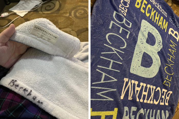 Toalla personalizada en el suelo con el nombre "Beckham", mostrando sus detalles en la etiqueta y diseño grande.