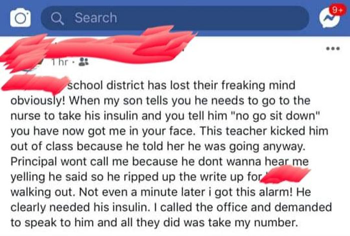 Facebook post criticizing bad teachers for not allowing a student to take insulin, leading to parental frustration.