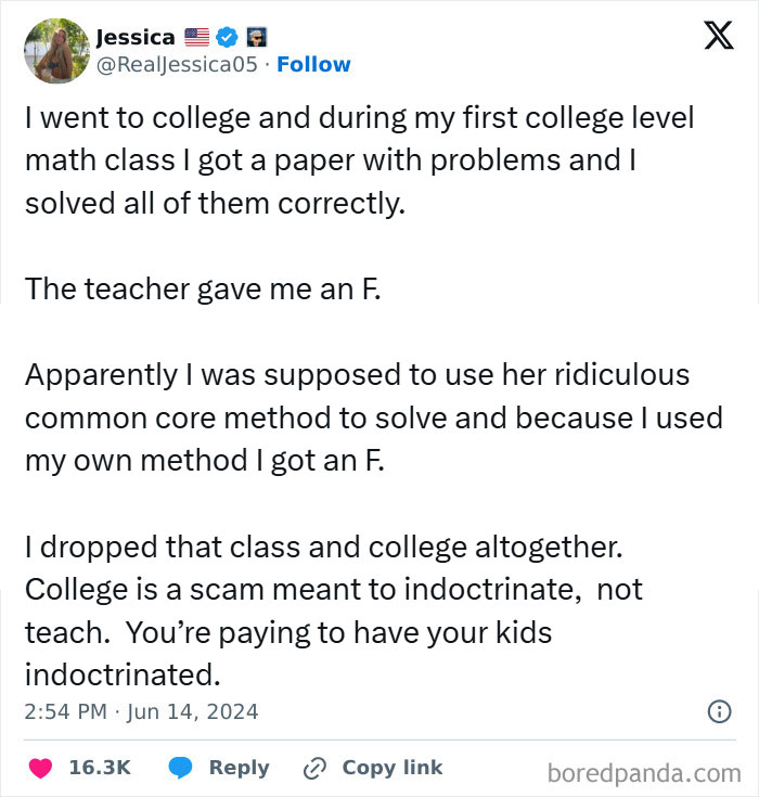 A tweet about a college math experience highlights an infuriating teacher who gave an F for not using a specific method.