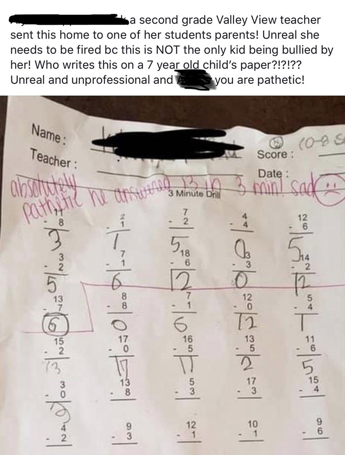 Math worksheet with teacher's critical remarks, illustrating bad-infuriating-teachers.