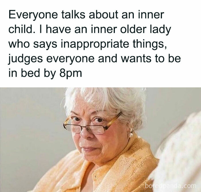 Elderly woman with glasses and white hair, paired with a relatable meme about an "inner older lady" and early bedtime.