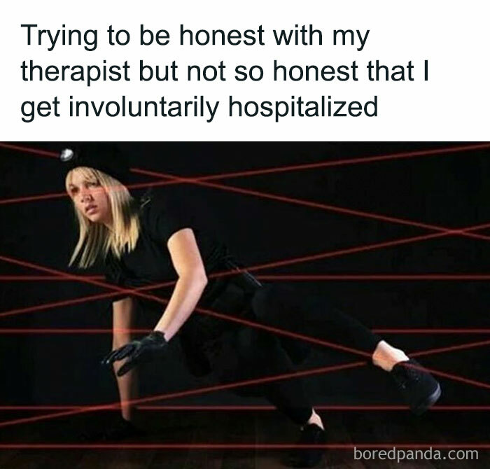 Woman humorously navigating a laser grid, relatable memes about therapy honesty.