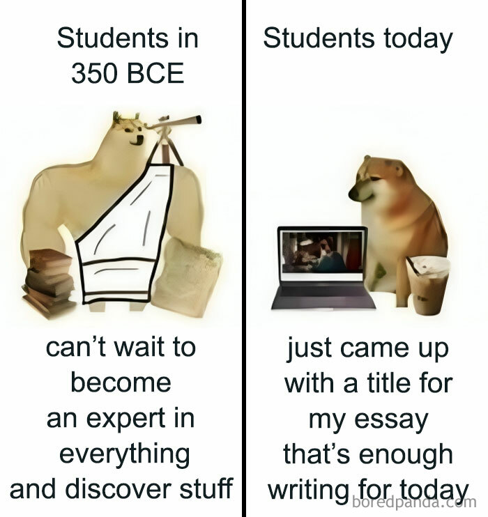 Meme comparing students from 350 BCE eager to learn with modern students barely writing essay titles.