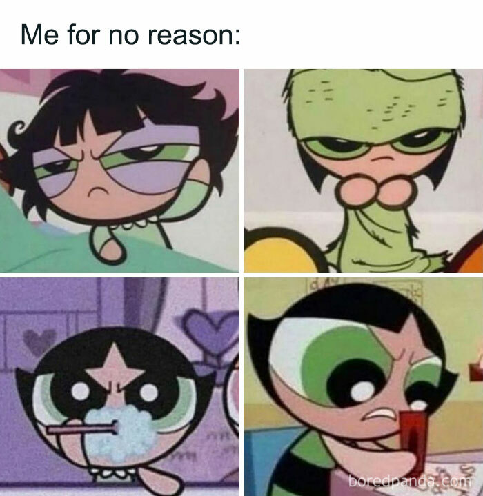 Cartoon character expressing different tired moods, relatable memes for those barely functioning.