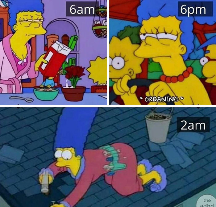 Marge Simpson depicting daily struggles from morning to night, relatable meme.