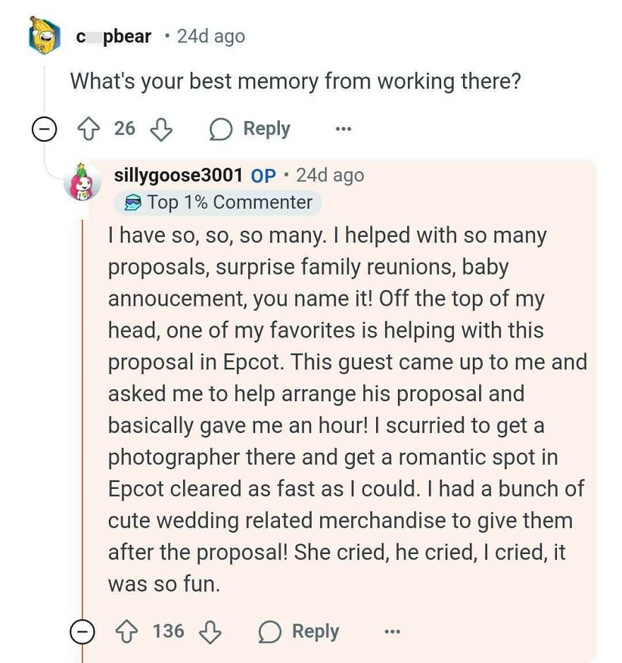 Reddit conversation about Disney Parks secrets, discussing a memorable proposal moment at Epcot.