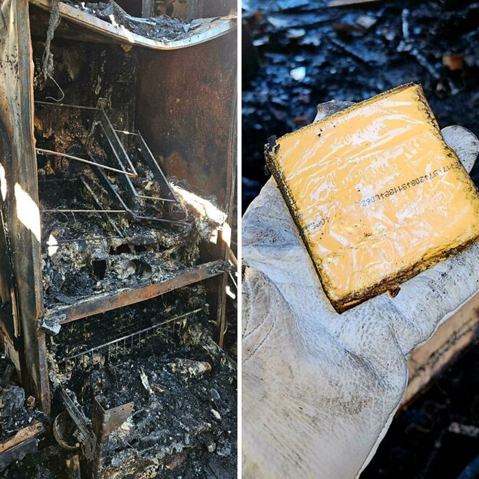 Burnt vending machine and unscathed cheese slice in a glove, showcasing something mildly interesting.
