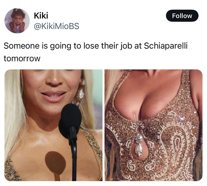 Beyonc&eacute; on stage at the Grammys, wearing a gold dress with a wardrobe malfunction that catches attention.