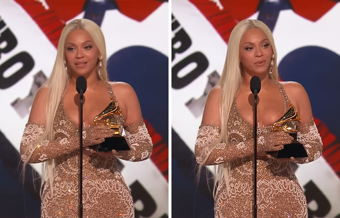 Beyoncé holding Grammy award in a glittering dress at the ceremony; related to stylist's comments on wardrobe malfunction. Beyoncé holding Grammy award in a glittering dress at the ceremony; related to stylist's comments on wardrobe malfunction.