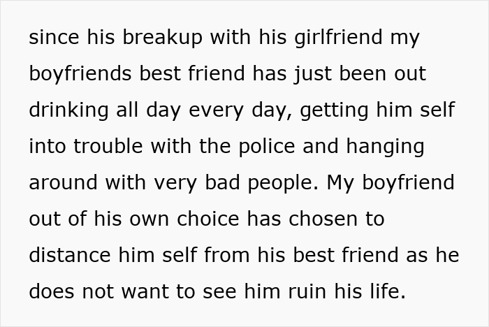 Text about a boyfriend's best friend causing trouble post-breakup, leading the boyfriend to distance himself. Text about a boyfriend's best friend causing trouble post-breakup, leading the boyfriend to distance himself.