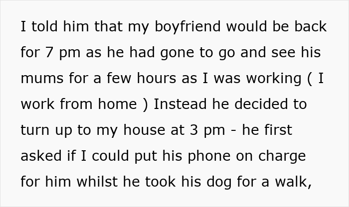 Text message about boyfriend's bestie visiting unexpectedly, asking to charge phone while walking his dog. Text message about boyfriend's bestie visiting unexpectedly, asking to charge phone while walking his dog.